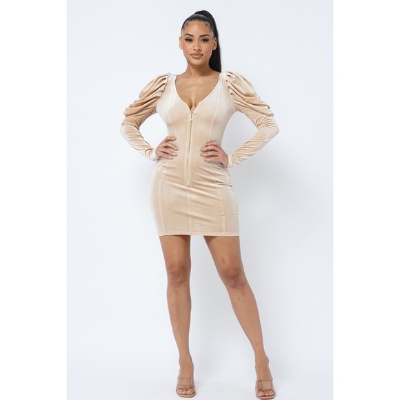 Soft Velvet Pleated Puff Sleeve Low V Neck Front And Back Mini Dress - Picture 2 of 9